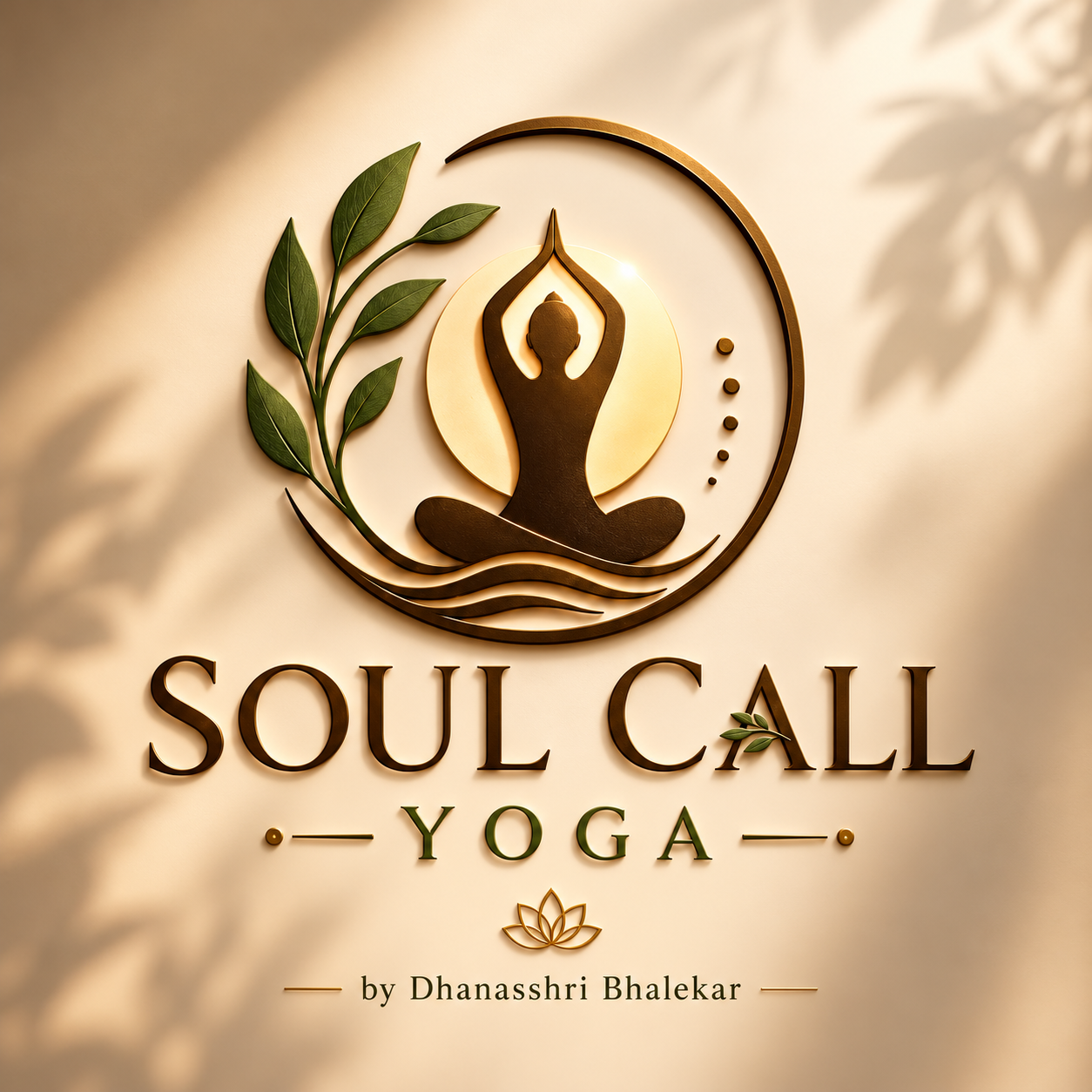 Soul Call Yoga emblem with a seated yoga figure and leaves, by Dhanasshri Bhalekar